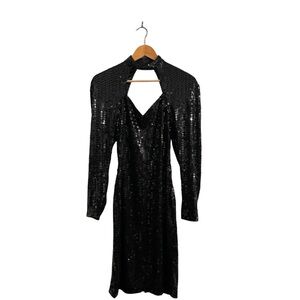 Vintage Nite Line 80’s 90’s Black Long Sleeve Sequin Sexy V-Neck Cocktail Dress